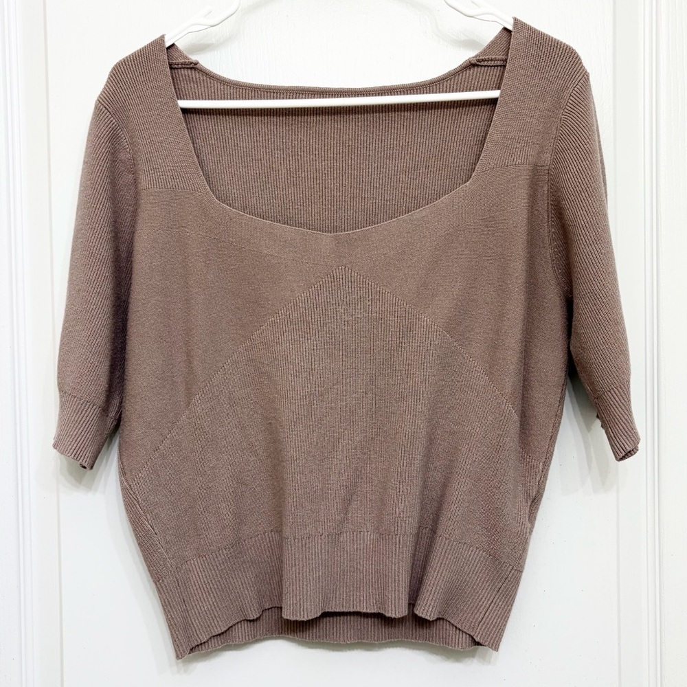 Khaki Ribbed Knit Crop Top Square Neck Short Sleeve Fitted Sweater XL